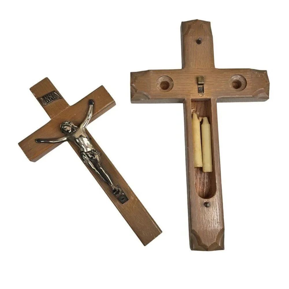 Vintage Wooden Wall Crucifix Silver Tone Jesus Last Rites Cross Catholic